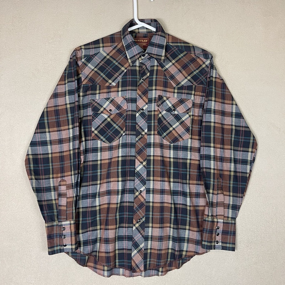 Rustler Western Shirt Mens 14.5 32/33 Brown Plaid Pearl Snap X-Long Tails Cotton